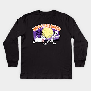 Halloween westie chasing bones Kids Long Sleeve T-Shirt